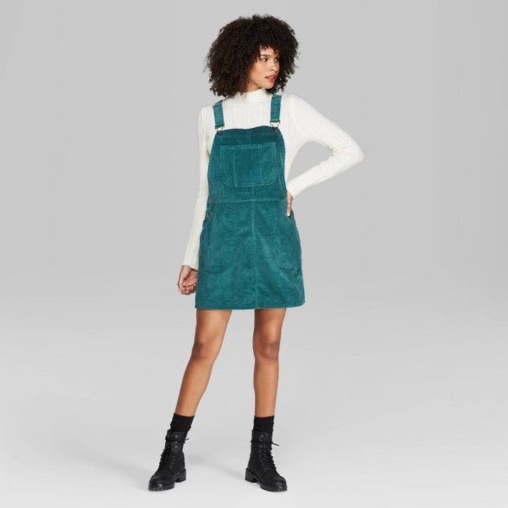Velvet Corduroy Overall Dress in Emerald Green/Teal